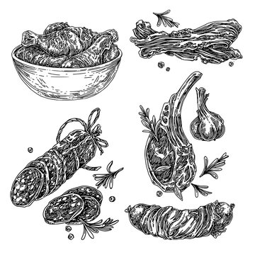 Meat set. Sausage, meat steak, chicken dish, bacon slices and frankfurter. Sketch. Engraving style. Vector illustration.