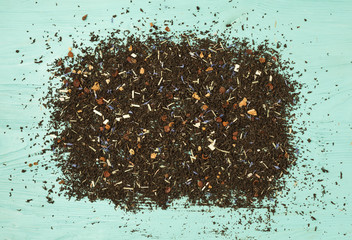 Flat lay composition of tea leaves