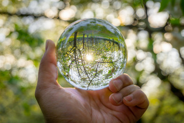 A hand holding a crystal ball for optical illusion. Known as an orbuculum, is a crystal or glass ball and common fortune telling object. Performance of clairvoyance and scrying