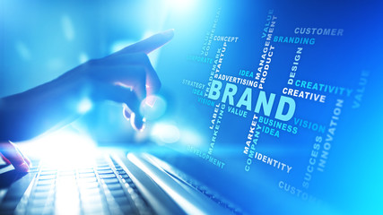 Brand words cloud on virtual screen. Branding, Marketing and Advertising concept.