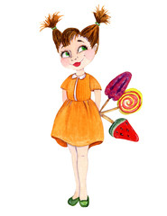 A cute little girl with candies