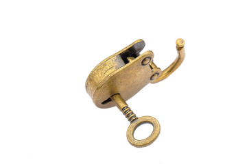 Bronze key and padlock isolated on white  background .
