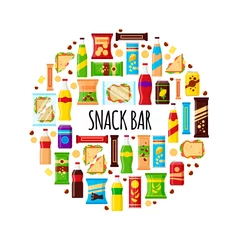 Foto op Aluminium Snack product in circle. Fast food snacks, drinks, nuts, chips, cracker, juice, sandwich for snack bar isolated on white background. Flat illustration in vector © Ekaterina Mikhailova