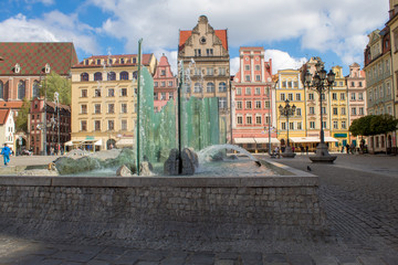 The colorful architecture of the famous Polish city of Wroclaw - Market Square, Town Hall.