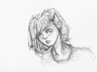 sketch of head of girl lush short hair