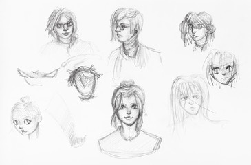 sketches of various heads of girls and boys