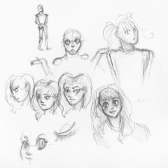 sketches of various heads and faces of girls