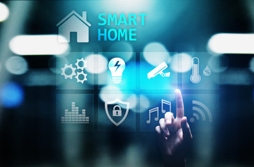 Smart home control panel on virtual screen. Internet of things, IOT, process automation concept.
