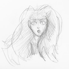 sketch of head of girl with lush hair