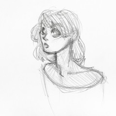 sketch of head of surprised girl with large eyes