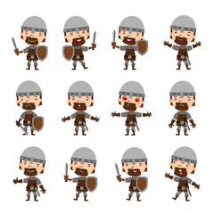 Set of medieval warrior in cartoon style in different poses isolated on white background