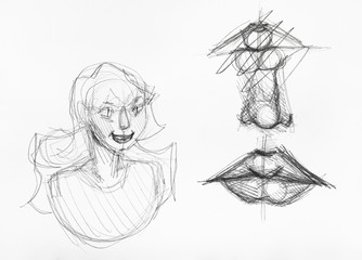sketches of female head and details of face