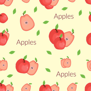 Seamless background with the image of juicy apples in vintage style, handmade style, cartoon style with typography.