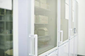 Laboratory cabinets with transparent doors for saving drugs and pills in pharmaceutical storage room