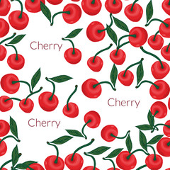Bright, berry seamless pattern of red cherries with greens, leaf on a white background.