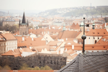 Obraz premium Prague view / panoramic landscape of the czech republic, Prague view with red roofs of houses from above, landscape in the European capital