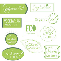  Logos of farm, natural products, lettering on a green and transparent background in vintage style, green decorative elements