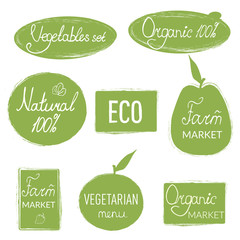  Logos of farm, natural products, lettering on a green and transparent background in vintage style, green decorative elements