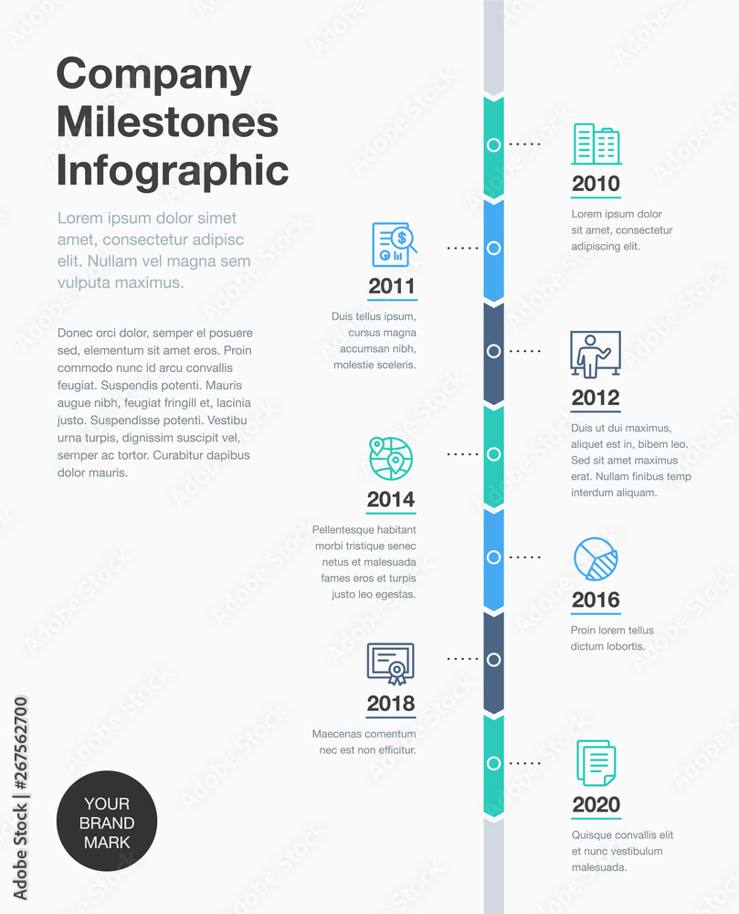 Poster business infographic for company milestones timeline template with line icons. easy to use for your 