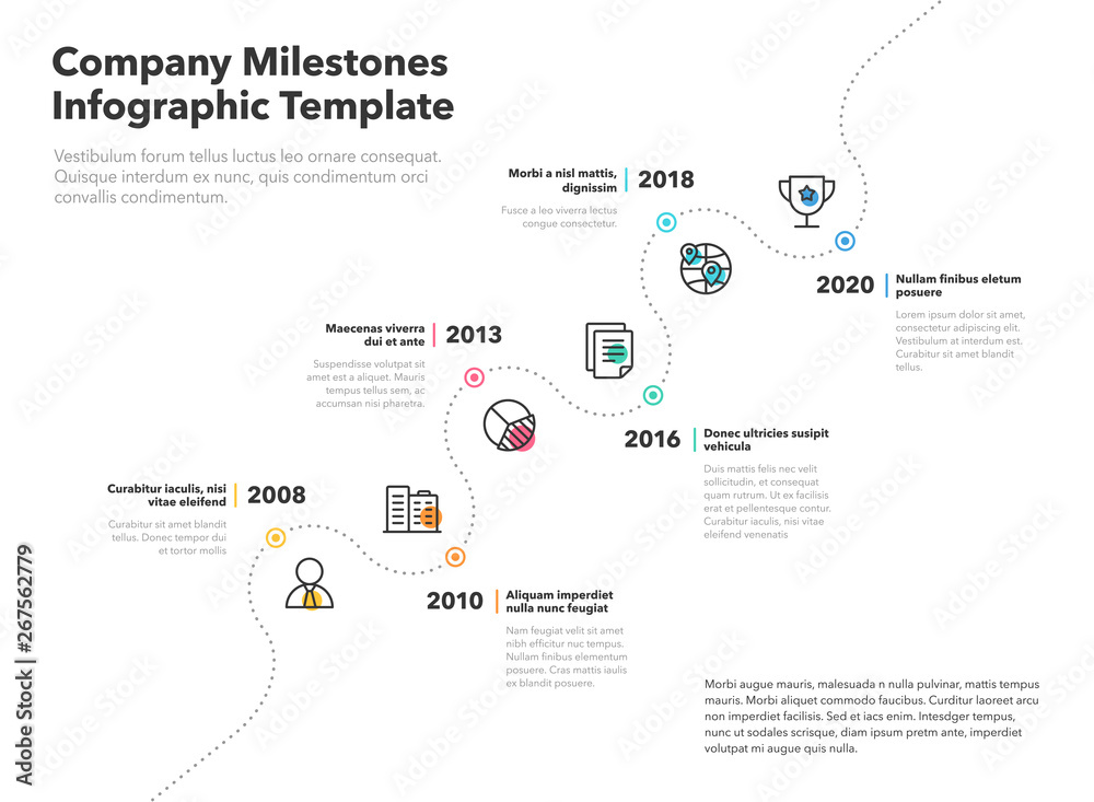 Fototapete Business infographic for company milestones timeline template with dashed path and colored line icons. Easy to use for your website or presentation.