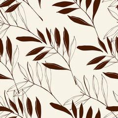 Floral seamless pattern consisting of different elements of foliage, tropical leaves of brown  color on a white background.