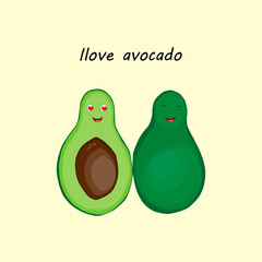 Illustration with the image of cheerful avocados in the style of a child's illustration on a beige background with the inscription I love avocados.