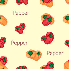 Seamless background with the image of juicy multi-colored peppers in vintage style, handmade style, cartoon style with typography.