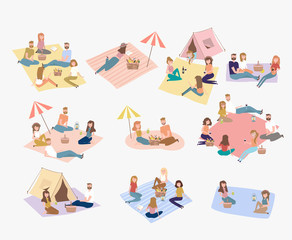 Summer picnic set with people relaxing on nature. Editable vector illustration