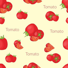 Seamless pattern with the image of juicy tomatoes in vintage style, handmade style, cartoon style with typography
