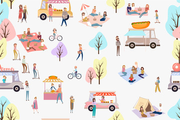Street food festival seamless pattern with people buying and selling goods at street food market. Editable vector illustration