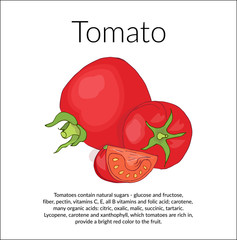 Illustration with the image of juicy red tomatoes, vintage card with a description of the benefits of tomatoes