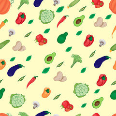  Seamless pattern with the image of various vegetables and greens on a beige background, bright multi-colored vegetables.