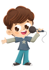 Niño cantando con un micrófono o haciendo una presentando
