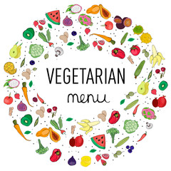 Vegetables and fruits arranged in a circle and lettering vegan menu, decoration, vegetable design