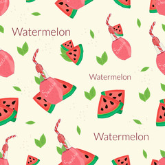  Seamless pattern on the theme of smoothies, watermelon smoothies on a beige background
