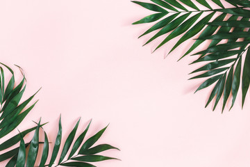 Summer composition. Tropical palm leaves on pastel pink background. Summer concept. Flat lay, top...