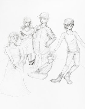 sketch of group of teenagers hand drawn by pencil