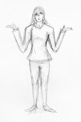 sketch of puzzled boy throws up his hands