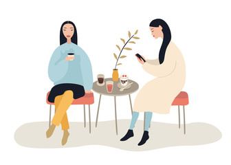Two beautiful women talking friendly at coffee shop while drinking and eating desserts , vector illustration on wite background