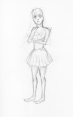 girl in short dress hand drawn by black pencil