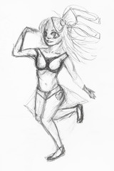 sketch of running girl with long hair in swimsuit