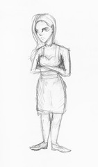 sketch of girl with long hair in sundress