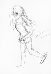 sketch of running girl hand drawn by black pencil