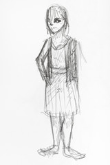 sketch of happy teenager in ragged clothes