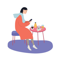 Beautiful womfa at coffee shop while drinking coffee and eating desserts , vector illustration on white background