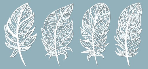 Feather. Laser cut. Template for laser cutting and Plotter. Vector illustration. Sticker. Pattern for the laser cut, serigraphy, plotter. - obrazy, fototapety, plakaty