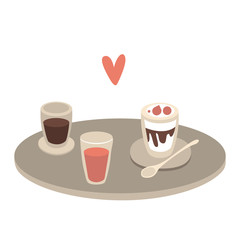 Tray with cups with drinks and desserts and heart symbol on white background. Flat design
