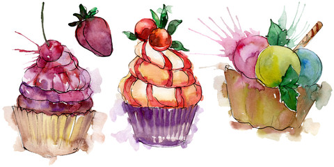 Tasty cupcake in a watercolor style. Aquarelle sweet dessert illustration set. Isolated desserts background element.