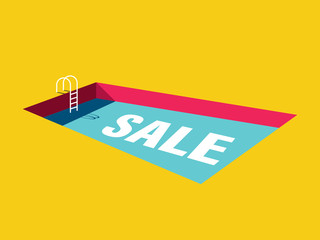 Summer sale vector concept with swimming pool in vivid bright colors. Advertising and promotional shopping banner template.