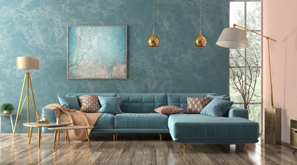 Foto op Plexiglas Interior of living room with blue sofa 3d rendering © Vadim Andrushchenko